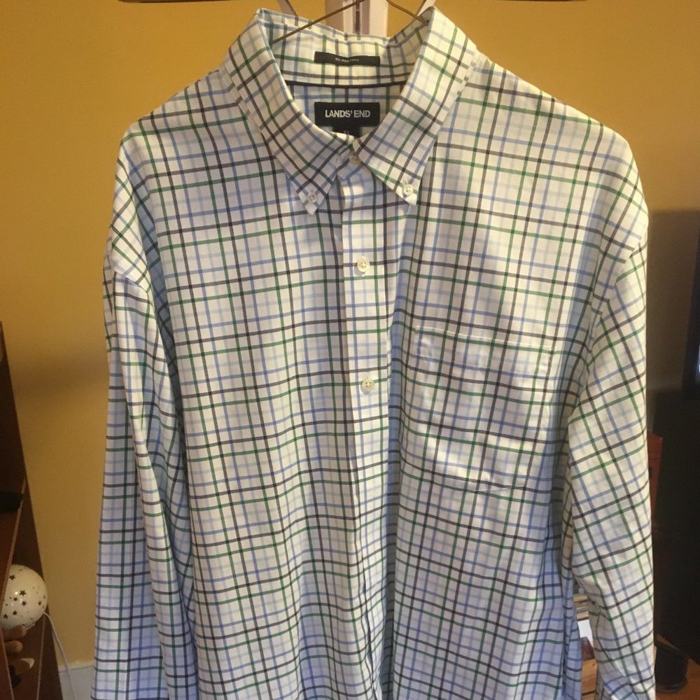 Lands End Button Down Plaid Dress Shirt